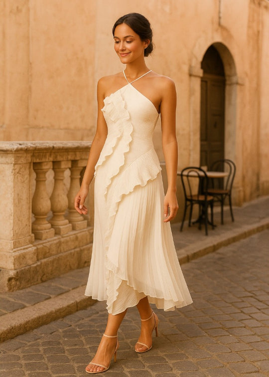 Elegant halterneck-kjole med faldende flæser - Vichy Signature
