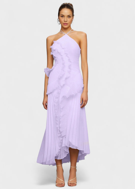 Elegant halterneck-kjole med faldende flæser - Vichy Signature