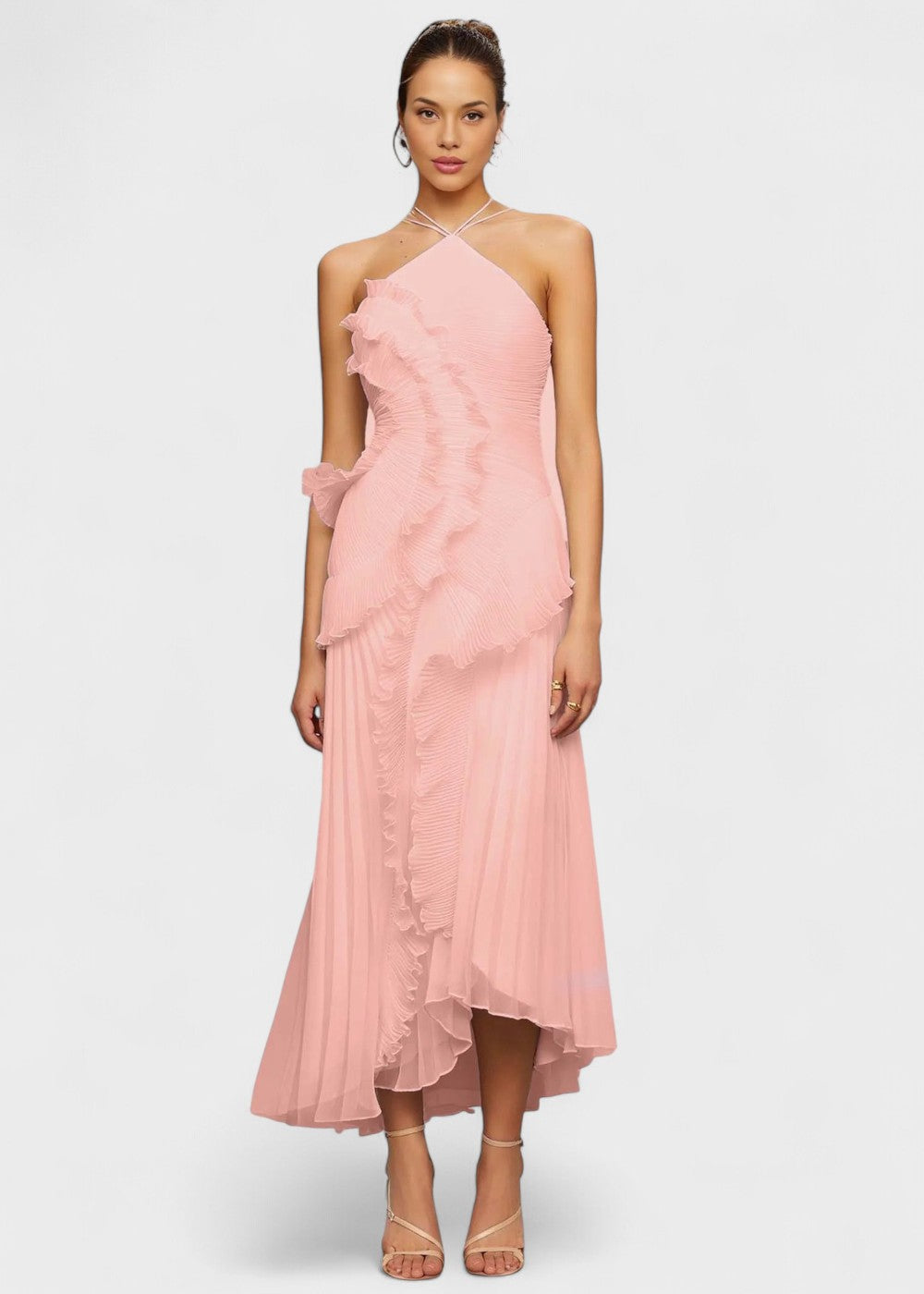 Elegant halterneck-kjole med faldende flæser - Vichy Signature