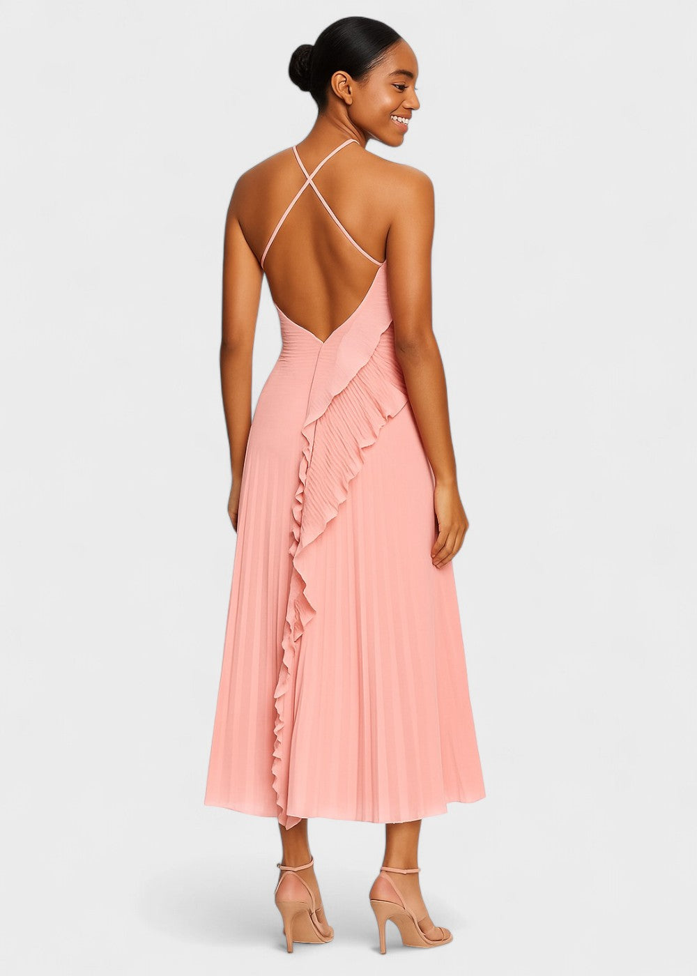 Elegant halterneck-kjole med faldende flæser - Vichy Signature